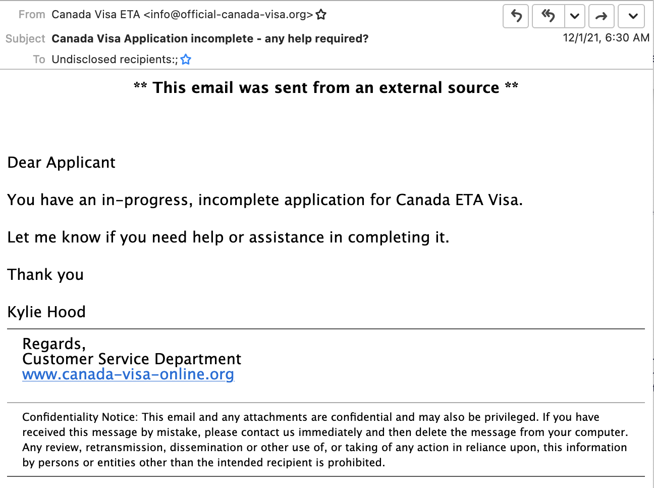 Canadian visa application phishing attempt email