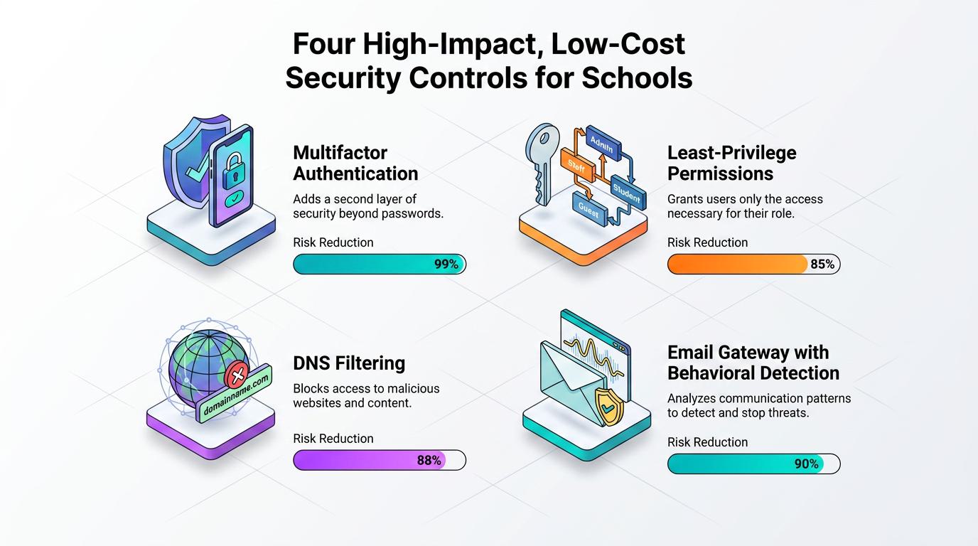 A layered graphic uses icons to map five cost-effective threat detection strategies for schools: baseline monitoring, automation, high-impact controls, human reporting, and tool consolidation—all maximizing protection within limited