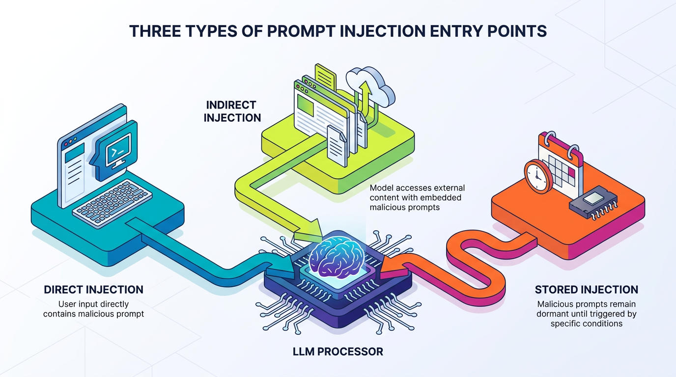 A labeled diagram traces three prompt-injection entry points into an LLM processor: direct injection from a user's keyboard, indirect injection via retrieved documents and cloud content, and stored injection from calendar or device data