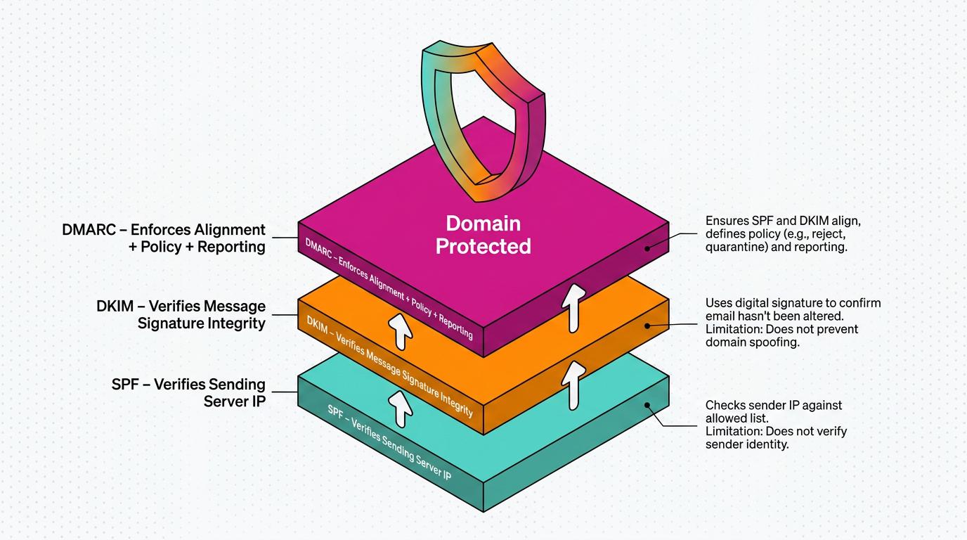 Diagram visualizes the SPF email authentication process: a sending server’s IP is checked against the domain’s DNS SPF record, with either a pass or fail result, illustrating how SPF helps stop email spoofing.