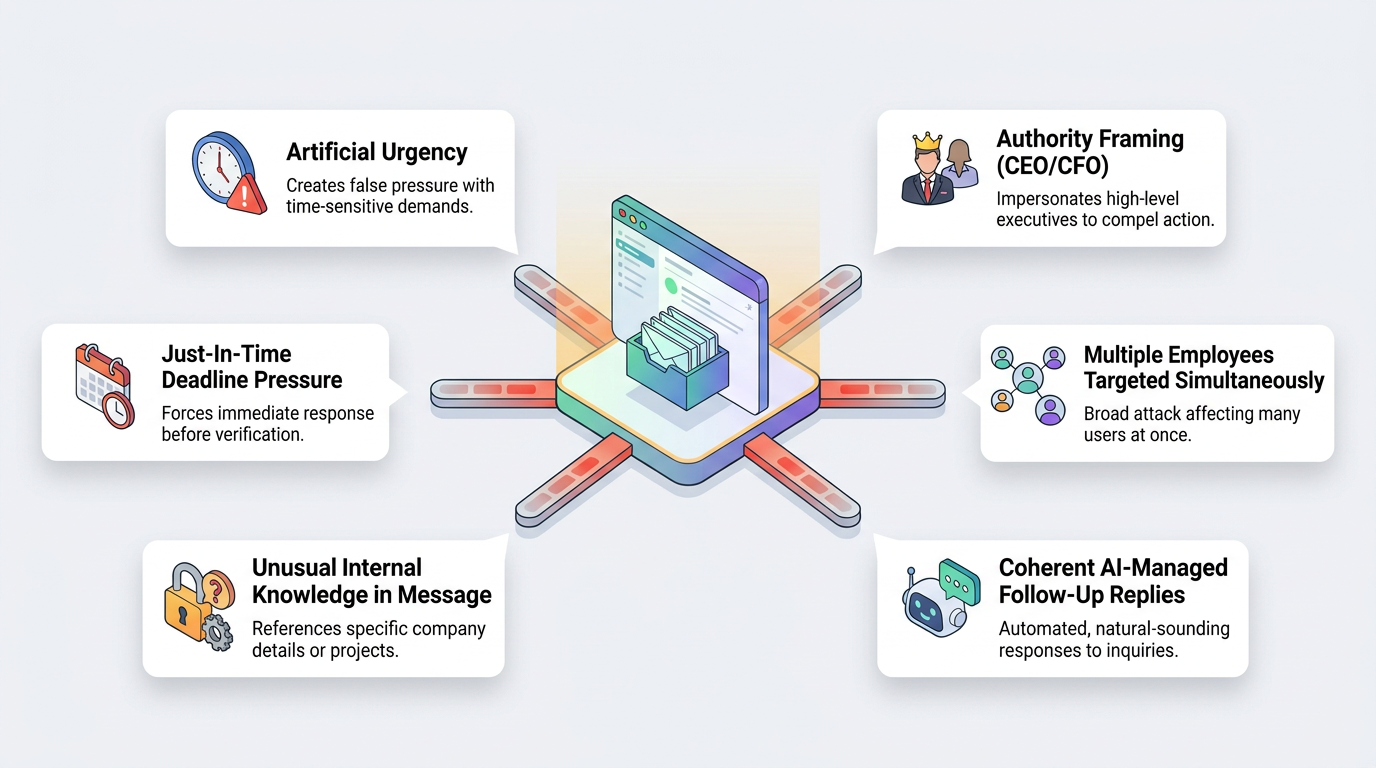 A central messaging platform radiates six warning signs of phishing-as-service attacks: artificial urgency, executive impersonation, deadline pressure, mass targeting, insider knowledge references, and AI-managed follow-up replies.