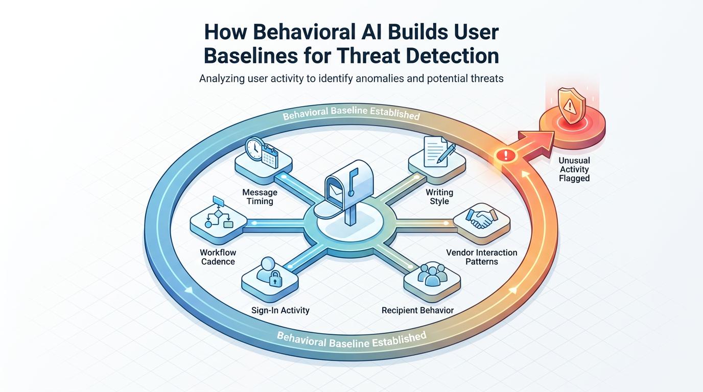 A multi-stage flowchart contrasts legacy secure email gateways losing visibility after user authentication with cloud detection and response, which continuously monitors session and behavioral activity inside trusted cloud environments for