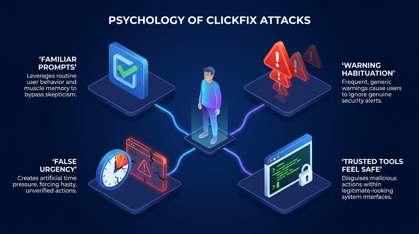 Four isometric panels radiate from a central figure, each labeled with a ClickFix psychological trigger: familiar verification prompts, warning habituation, false urgency, and trusted system tools that make malicious paste commands feel
