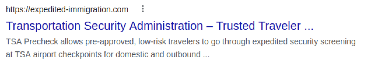 Tsa scam webpage google search result