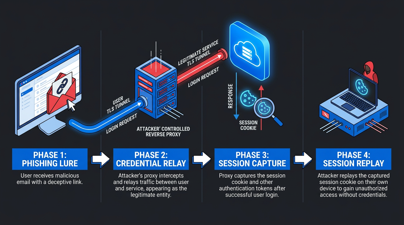 Four sequential panels trace an AiTM attack: a phishing email lures the user, an attacker-controlled reverse proxy relays login traffic between separate TLS tunnels, captures the session cookie post-MFA, then replays it from the attacker's