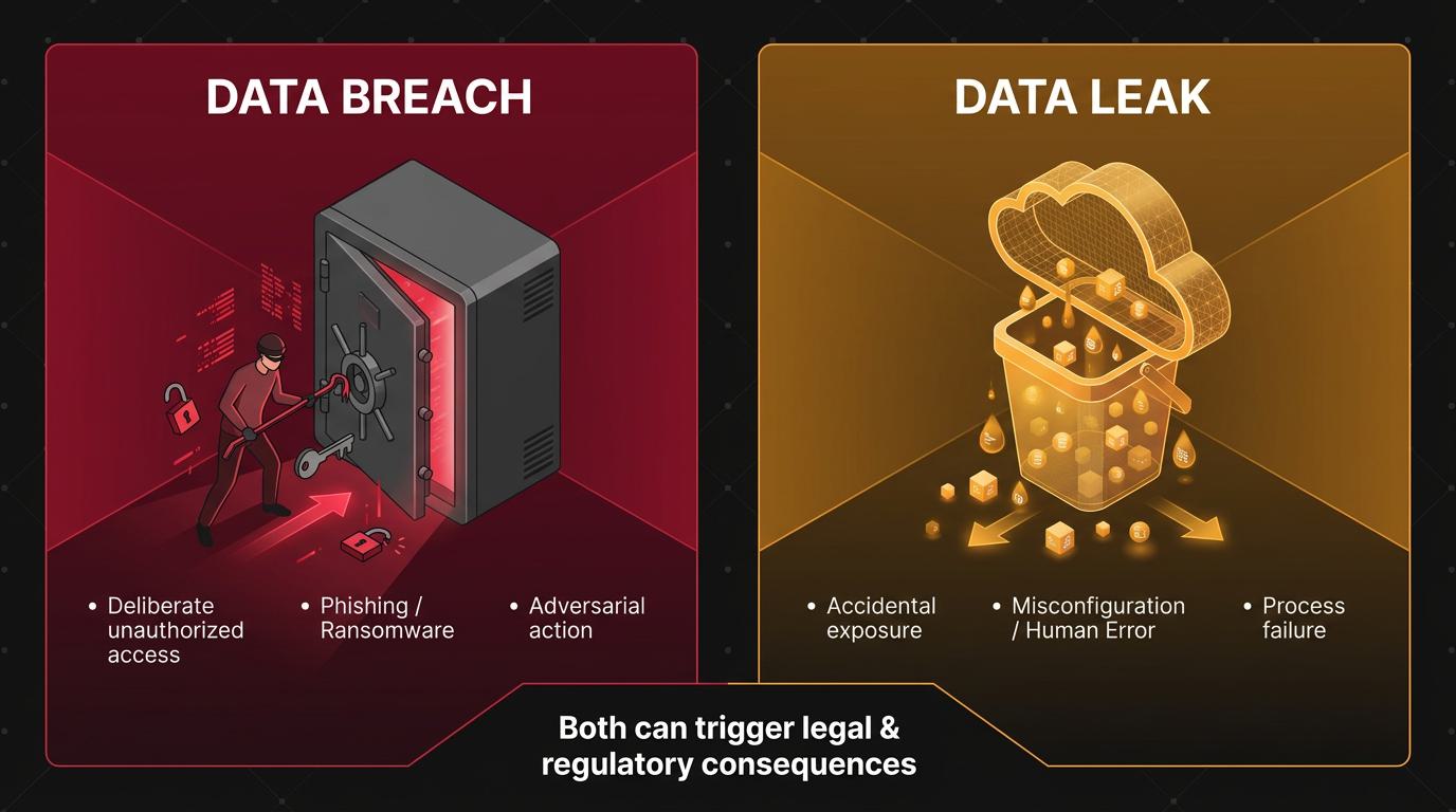 A layered pyramid diagram situates data breach as a subset of security incidents, which are themselves a subset of security events, visually clarifying terminology hierarchy and when personal information exposure triggers specific legal