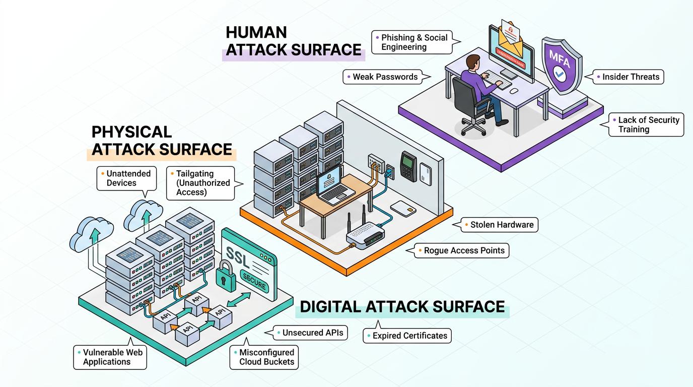 Infographic visually maps how attack surface management provides continuous visibility across digital, physical, and human assets, illustrating discovery, classification, and monitoring as core steps for reducing exposure and securing