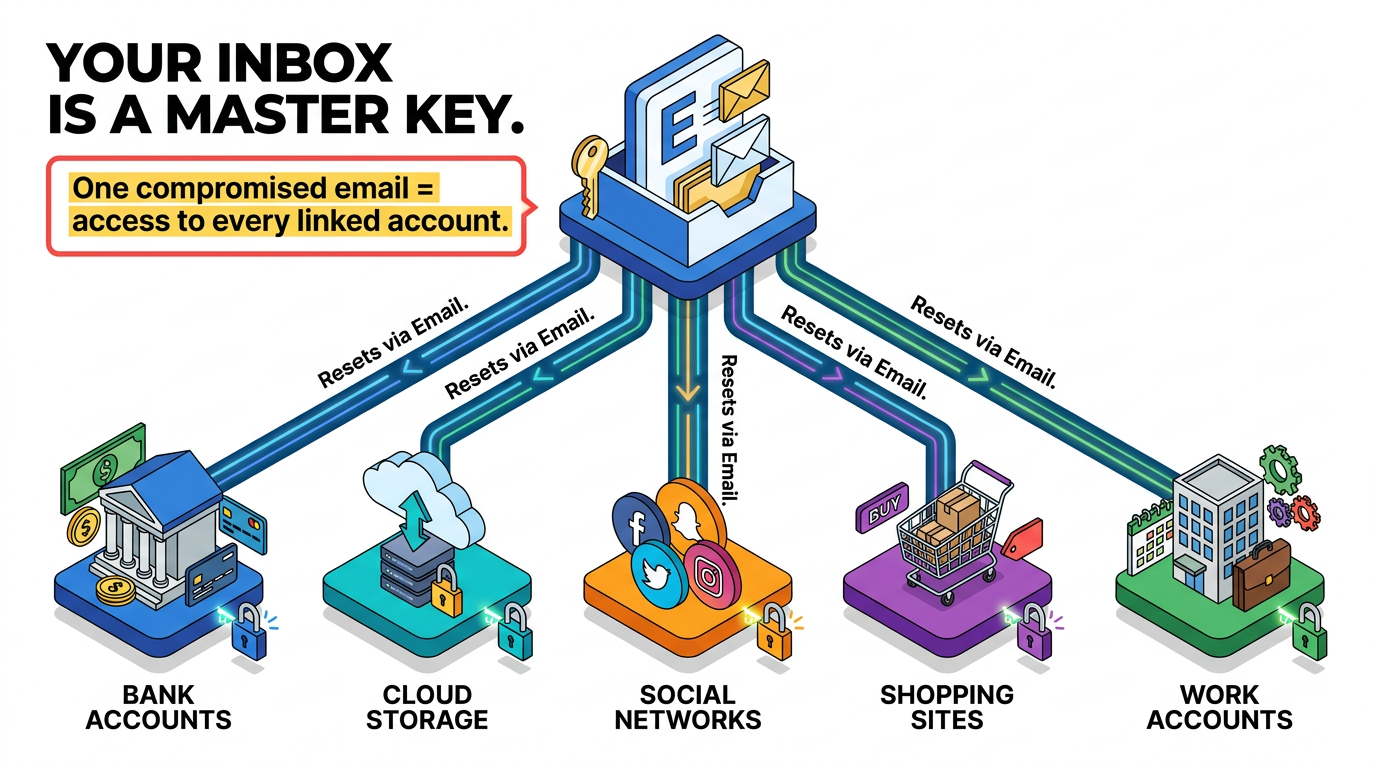 Attackers exploit the inbox as a master key, since a single compromised email password enables reset links to hijack bank, cloud storage, social media, shopping, and work accounts, spreading breach damage across every service.