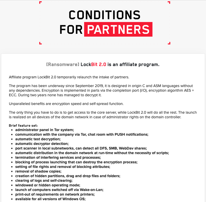 Ransomware as a service affiliate program advertisement on LockBit