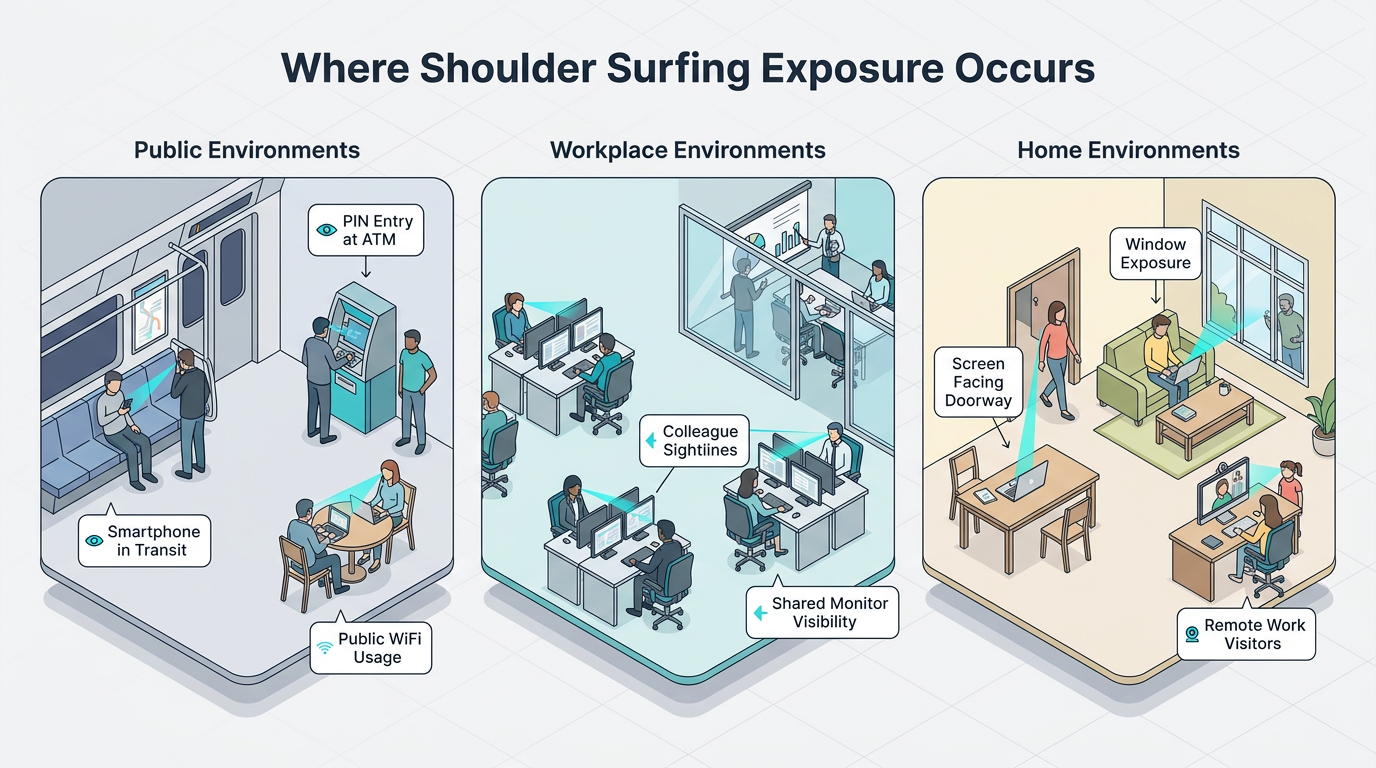 Three isometric scenes map shoulder surfing exposure across public transit and ATMs, open-plan offices with shared monitors, and homes with screen-facing doorways and remote-work visitors.