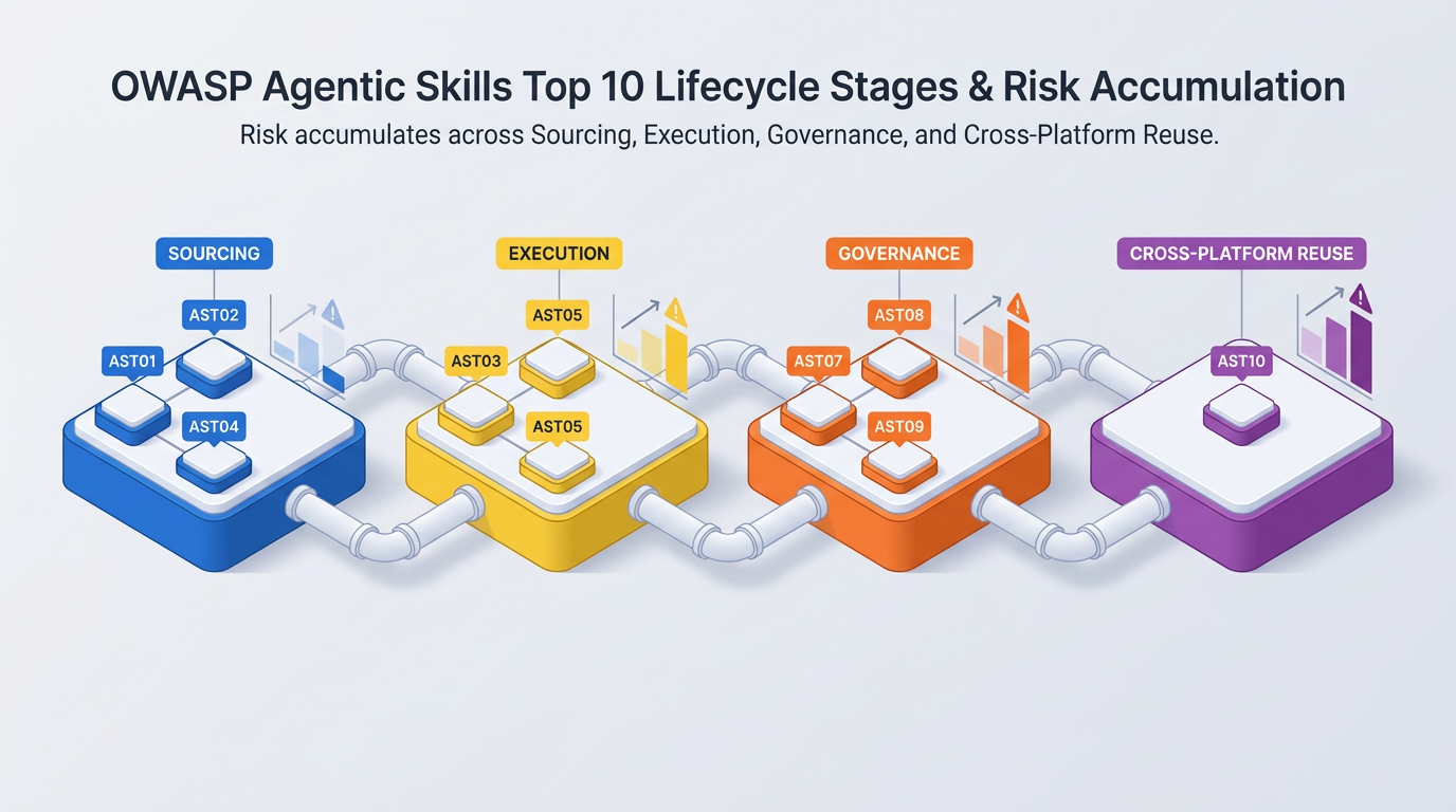 Four connected stage modules labeled Sourcing, Execution, Governance, and Cross-Platform Reuse display AST01–AST10 risk entries along a pipeline, illustrating how skill-related risk accumulates across each lifecycle stage.