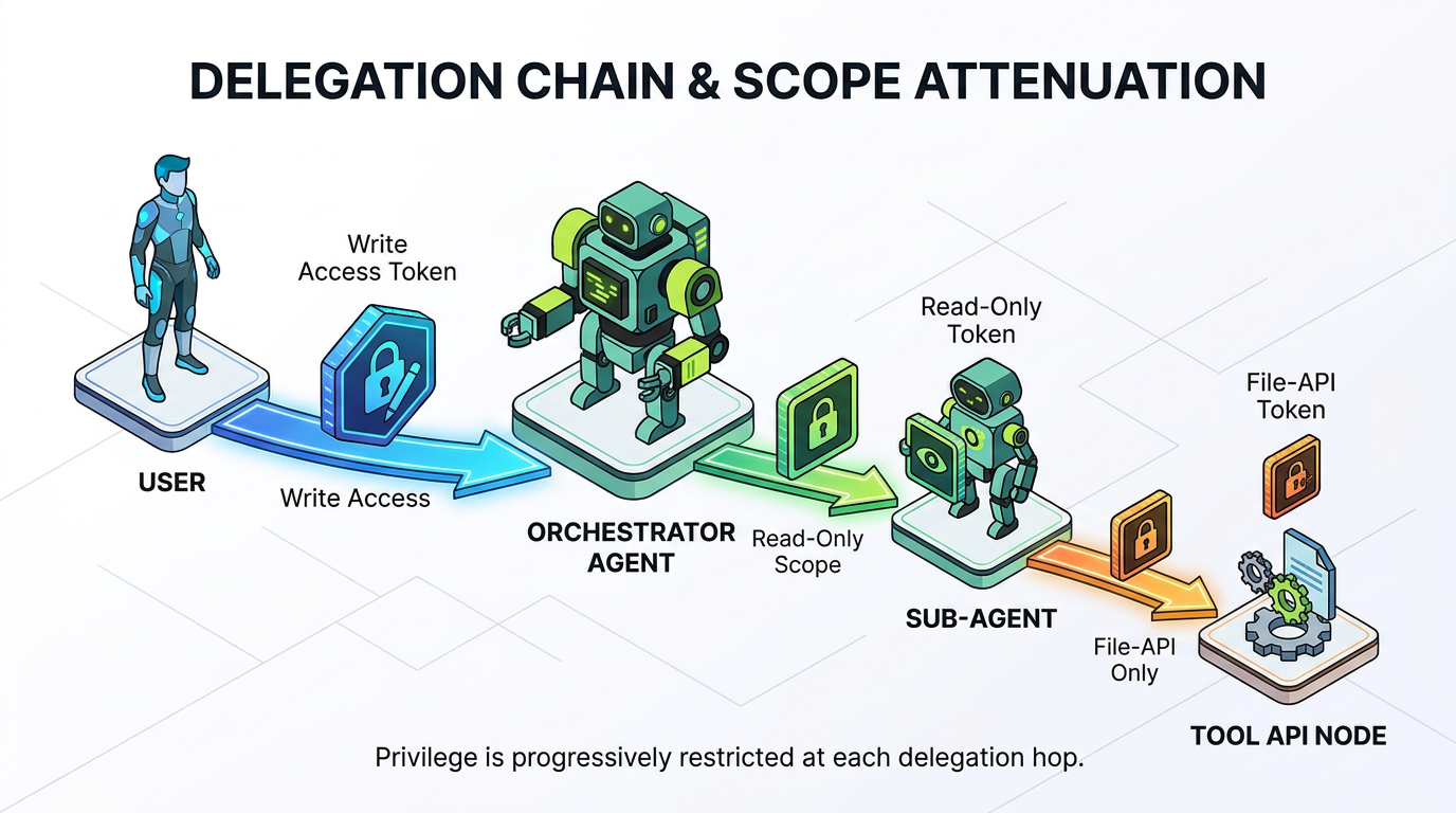 Five figures connected by arrows show how authority narrows at each delegation hop—from the user's write-access token to the orchestrator's read-only scope, then a sub-agent's file-API-only token reaching the tool API node, illustrating