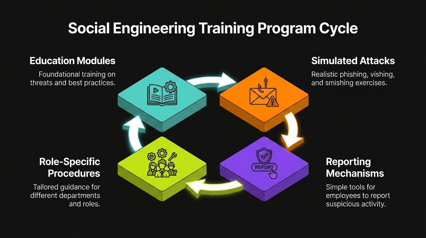 Colorful circular diagram illustrates the social engineering training cycle: education modules, simulated attack scenarios, reporting workflows, and role-specific verification procedures, highlighting how recurring, measured practice