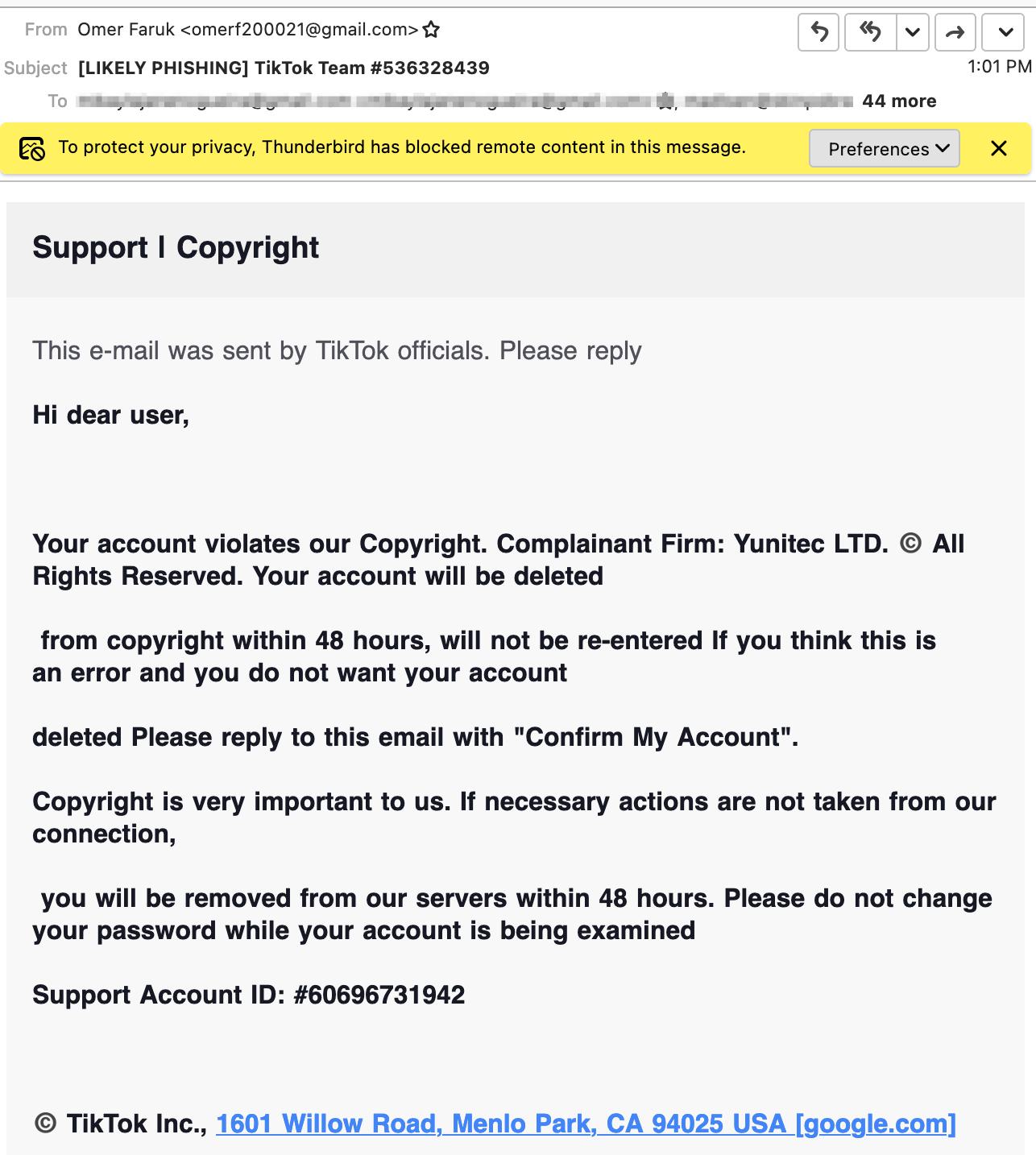Tiktok credential phishing email for account deletion