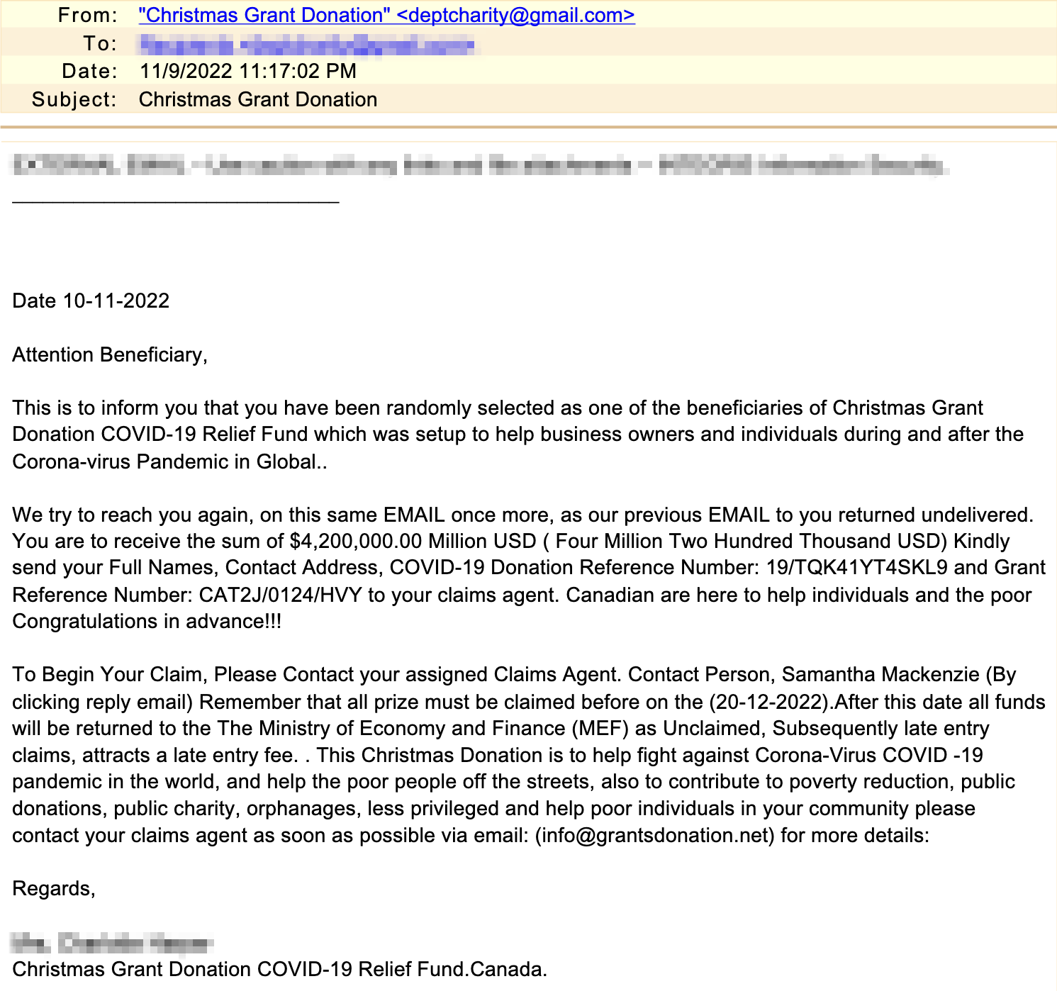 Holiday Email Threats Charity