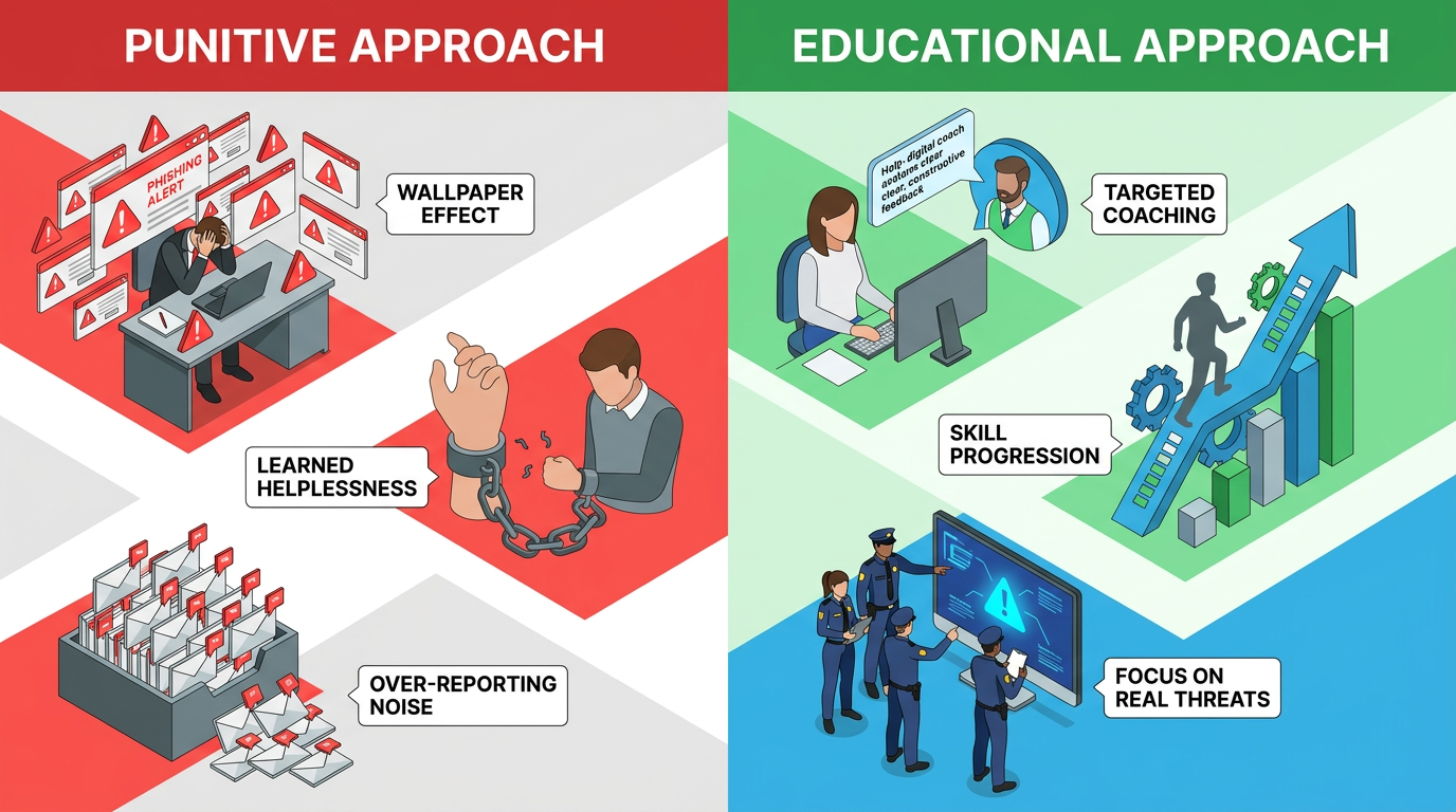 Side-by-side comparison contrasts punitive phishing training—overwhelmed employee, handcuffs symbolizing learned helplessness, over-reporting noise—with an educational approach showing targeted coaching, skill progression, and focus on