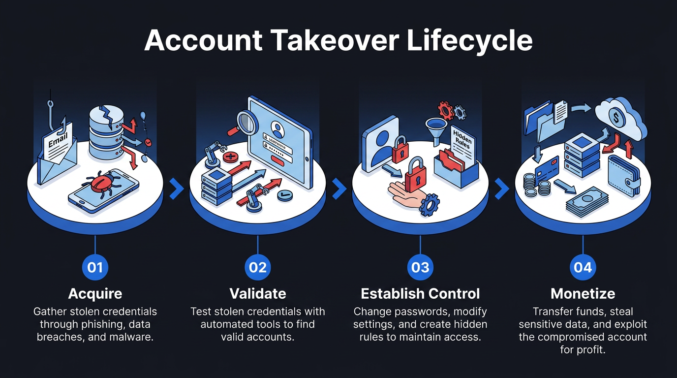 Four connected stages of the account takeover lifecycle are depicted with isometric icons: acquiring stolen credentials, validating access via automated tools, establishing hidden control, and monetizing the compromised account for profit.
