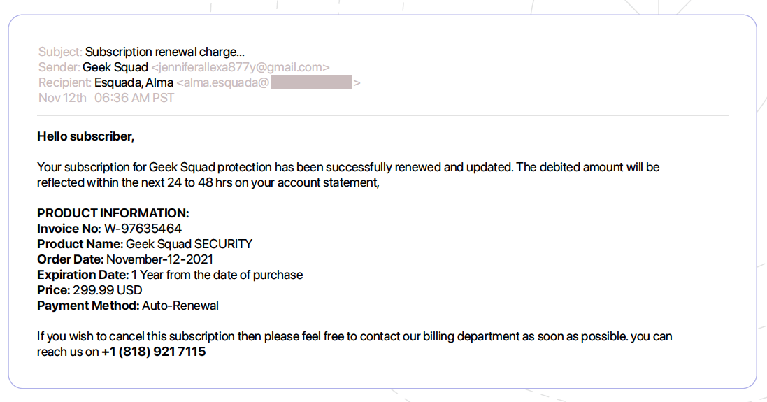 Example of a fraud email prompting victims to call a phone number