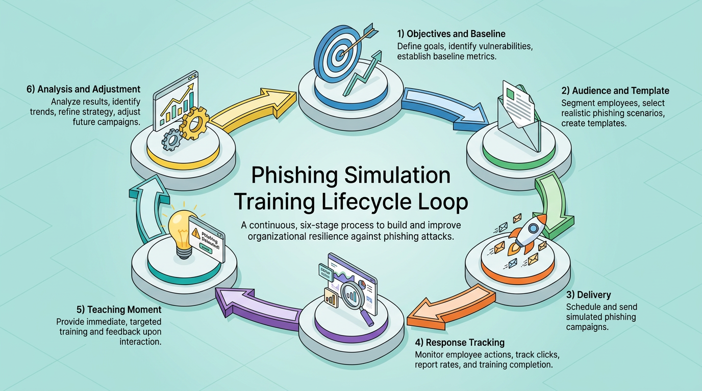 Six connected circular stages—Objectives and Baseline, Audience and Template, Delivery, Response Tracking, Teaching Moment, and Analysis and Adjustment—illustrate the continuous phishing simulation training lifecycle for building