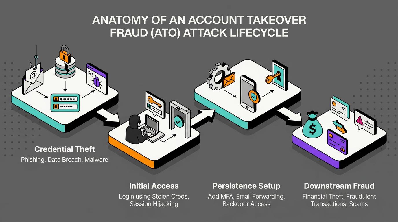 The infographic visually summarizes major account takeover fraud types, including credential stuffing, phishing, SIM swapping, and session hijacking, illustrating attacker entry points and post-compromise actions like persistence and