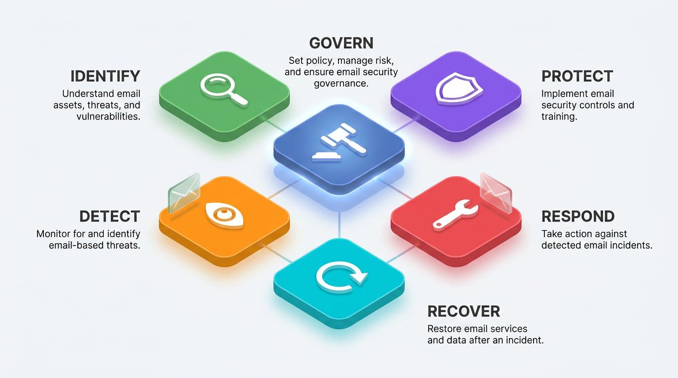 Six interlocking diamond icons arranged around a central gavel represent the NIST cybersecurity framework's core functions—Govern, Identify, Protect, Detect, Respond, Recover—applied to threat vulnerability management, extending beyond