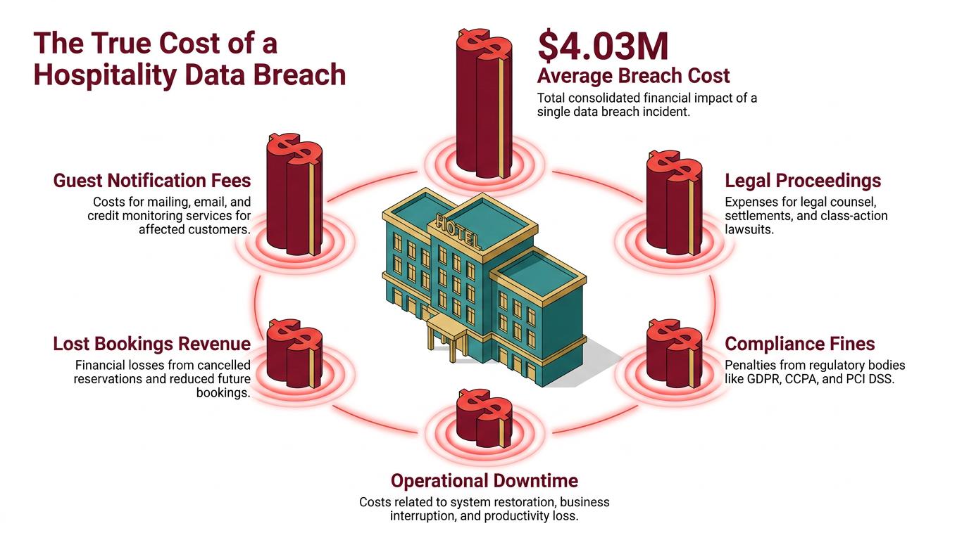Five strategies for cost-effective hospitality threat detection are shown as icons: behavioral monitoring, automated response, layered controls, embedded staff training, and stack consolidation, emphasizing risk reduction and guest trust.