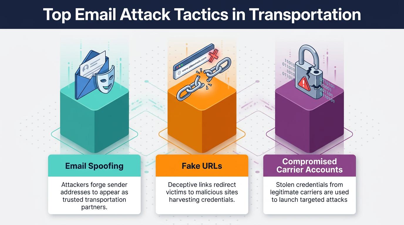 Three isometric blocks illustrate phishing tactics targeting transportation: an envelope with a mask for email spoofing, a broken chain link for fake URLs, and a cracked padlock for compromised carrier accounts.