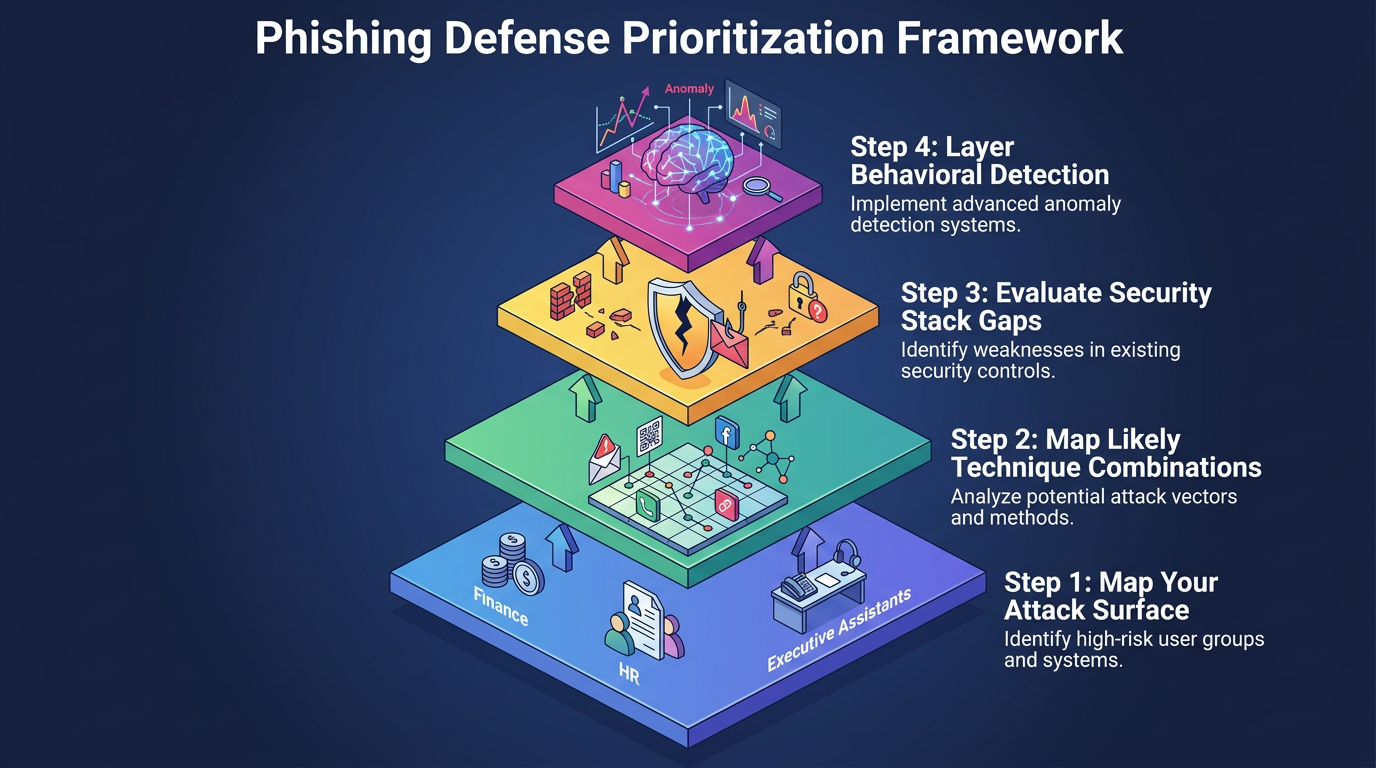 A four-layer pyramid diagram outlines a phishing defense strategy: mapping attack surfaces across Finance, HR, and Executive Assistants, analyzing technique combinations, evaluating security stack gaps, and layering behavioral anomaly