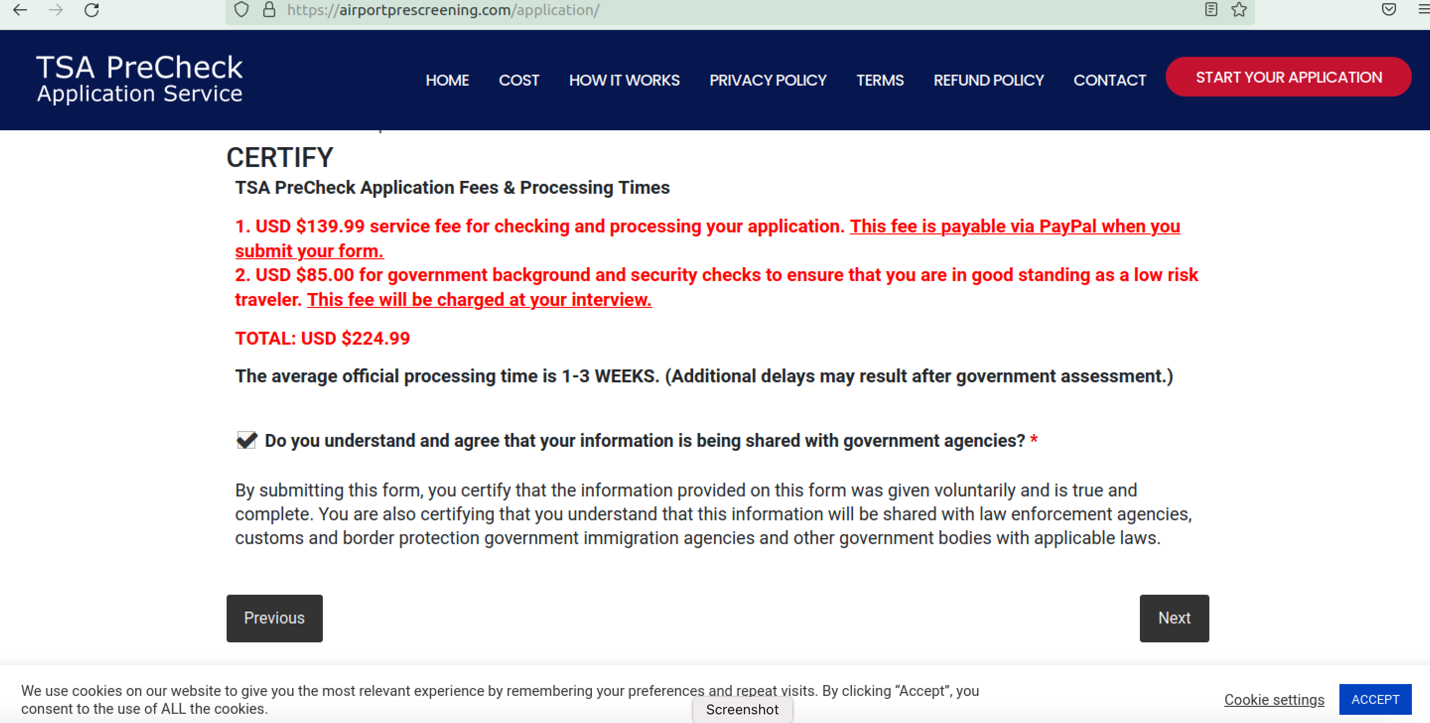 Tsa scam certification payment screen