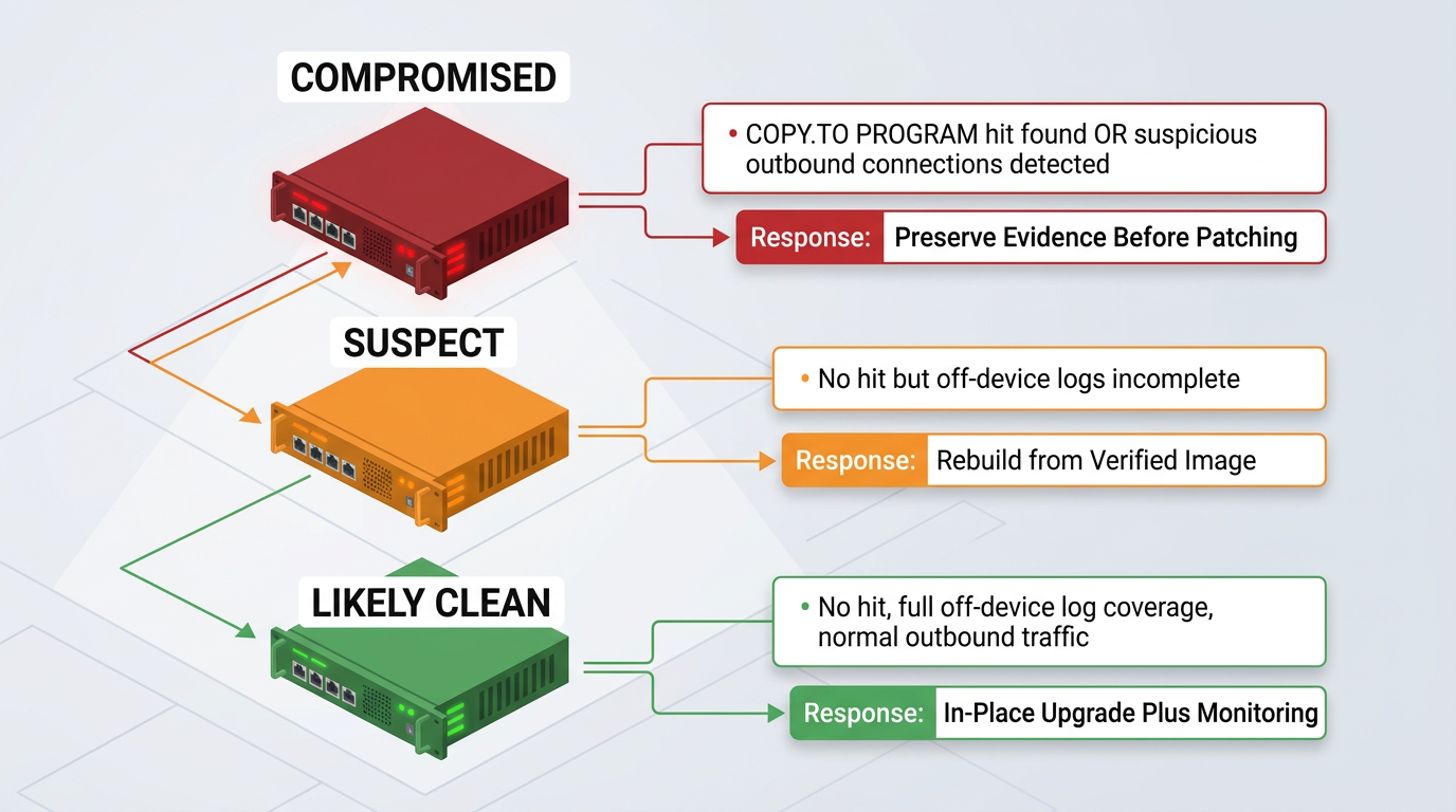 Three color-coded gateway appliances illustrate the compromise-assessment tiers for CVE-2026-76461: Compromised triggers evidence preservation, Suspect requires rebuilding from a verified image, and Likely Clean allows in-place upgrade