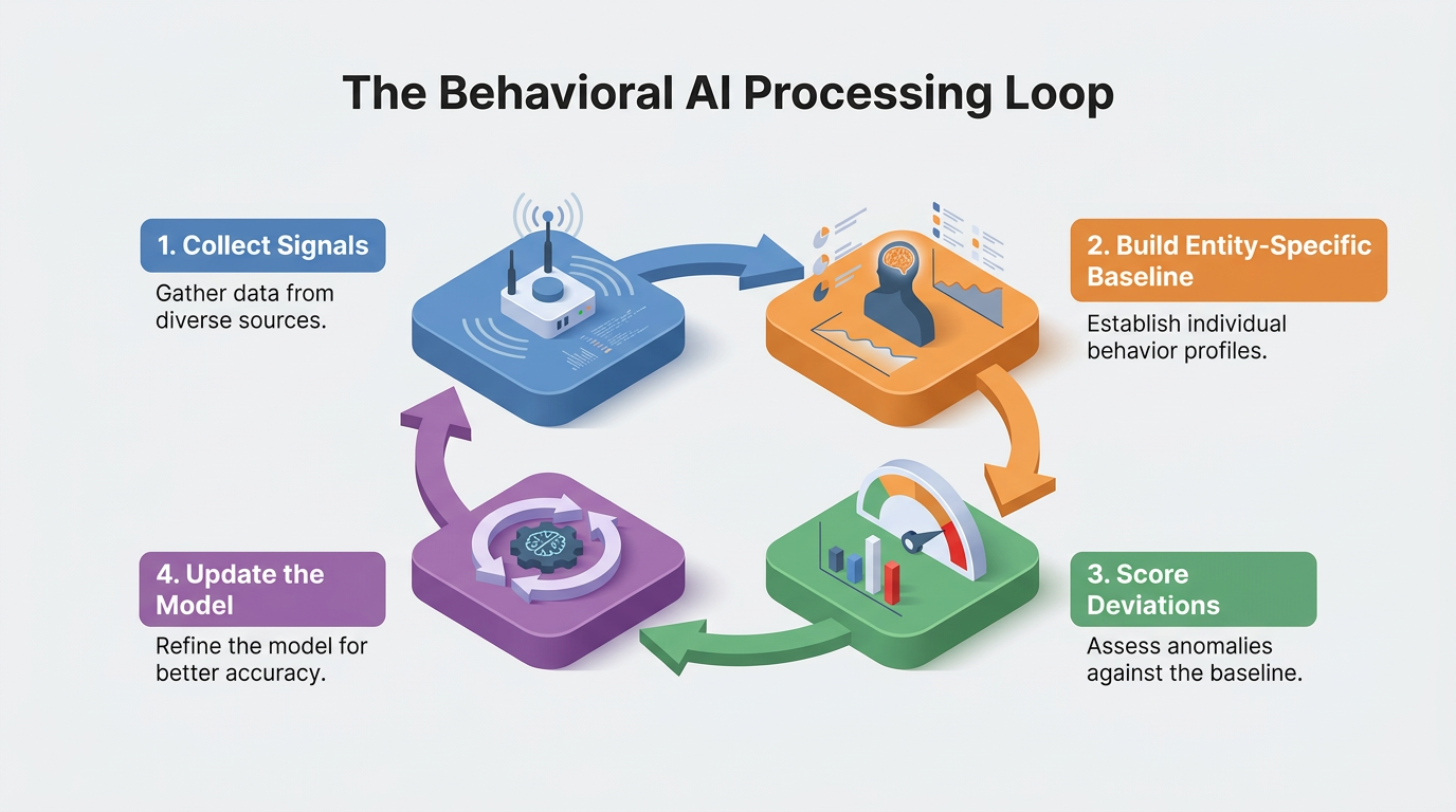 A four-step cycle illustrates the behavioral AI processing loop: collecting signals, building entity-specific baselines, scoring deviations against them, then updating the model to maintain accuracy over time