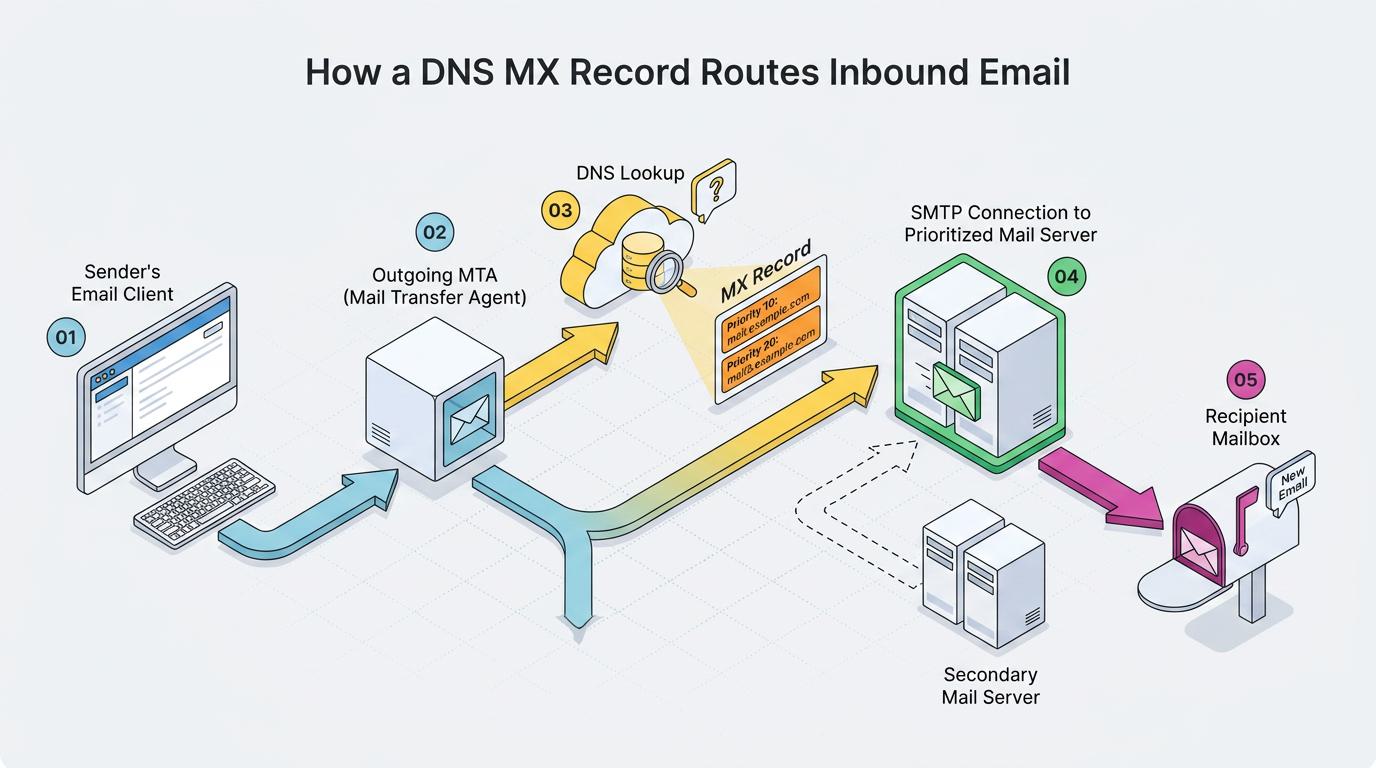 Diagram summarizes how DNS MX records direct inbound email: an email message passes from sender to the DNS, which returns MX records listing mail servers and priorities, guiding final delivery to the correct recipient server.