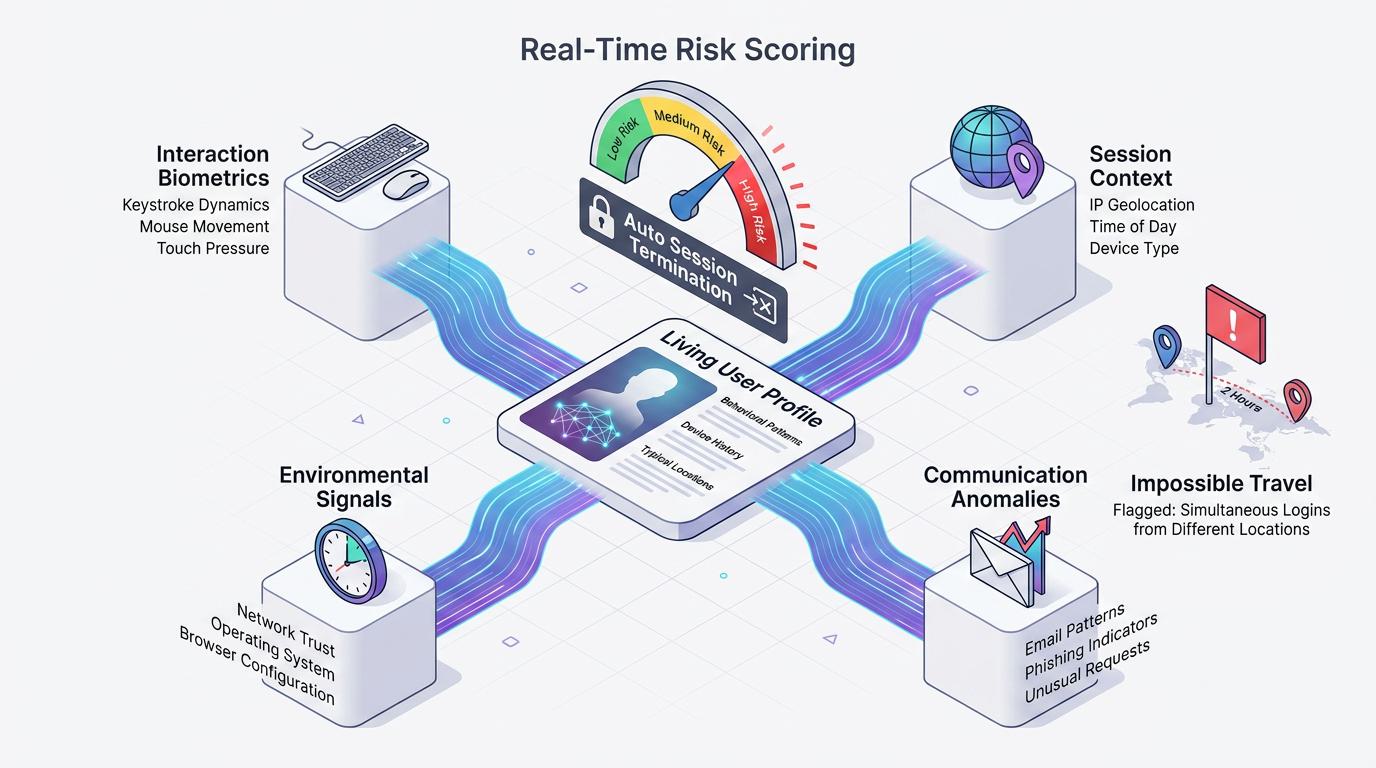 Five vertical panels depict how Behavioral AI blocks business email compromise, phishing, account takeover, vendor fraud, and insider threats by flagging deviations from normal communication, login, and payment patterns missed by
