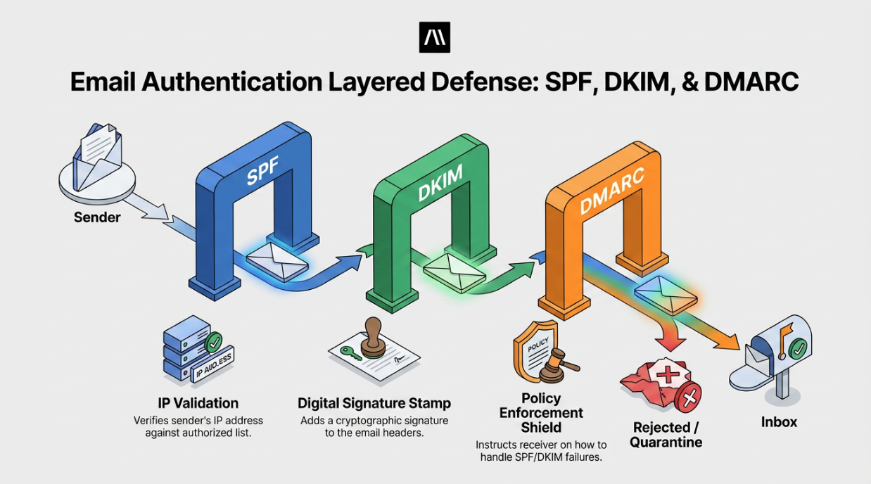 email authentication layered defense:SPF, DKIM, DMARC