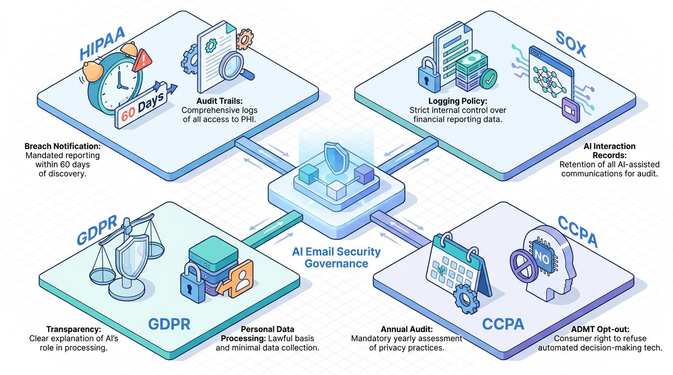Layered diagram compares legacy email security—focused on known-bad indicators like suspicious links—to modern behavioral AI, which analyzes identity, context, and intent, integrating with SIEM and governance for advanced threat detection.