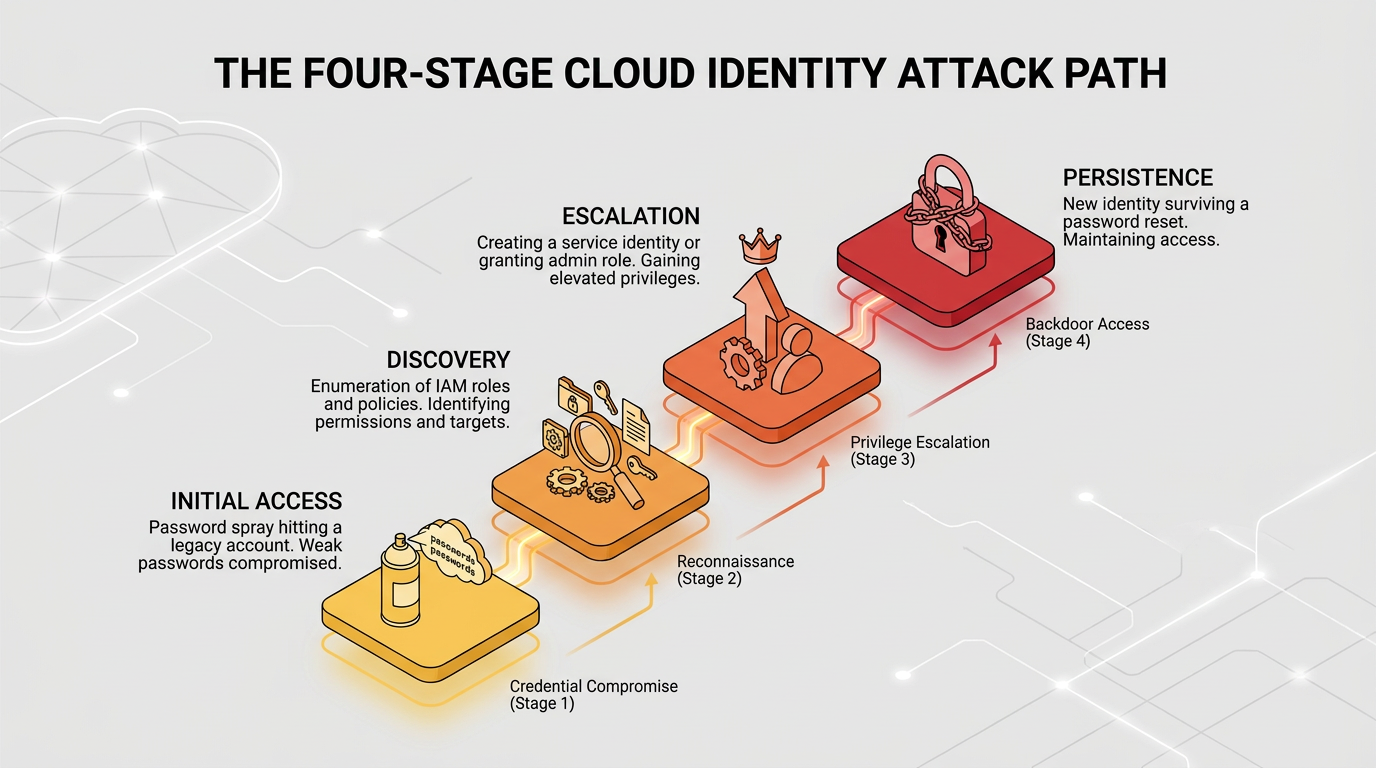 The graphic maps a four-stage cloud identity attack path—credential compromise via password spray, IAM reconnaissance, privilege escalation through a created service identity, and persistence via backdoor access surviving a password reset.