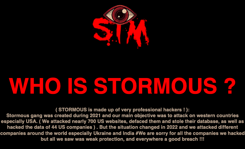 Stormous Description from Dark Web Homepage