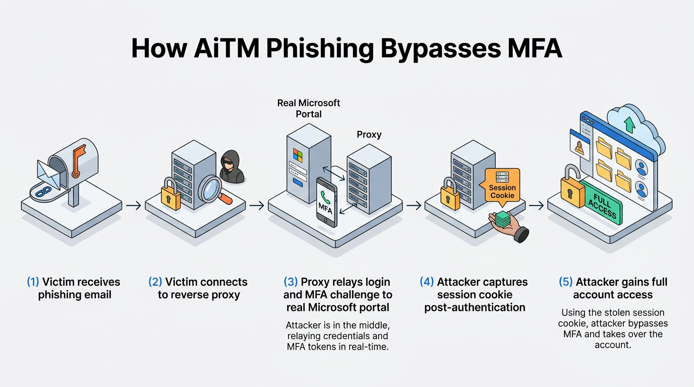 Five-step diagram of an adversary-in-the-middle attack: phishing email, reverse proxy relaying login and MFA to Microsoft, stolen session cookie, then full account access bypassing MFA.