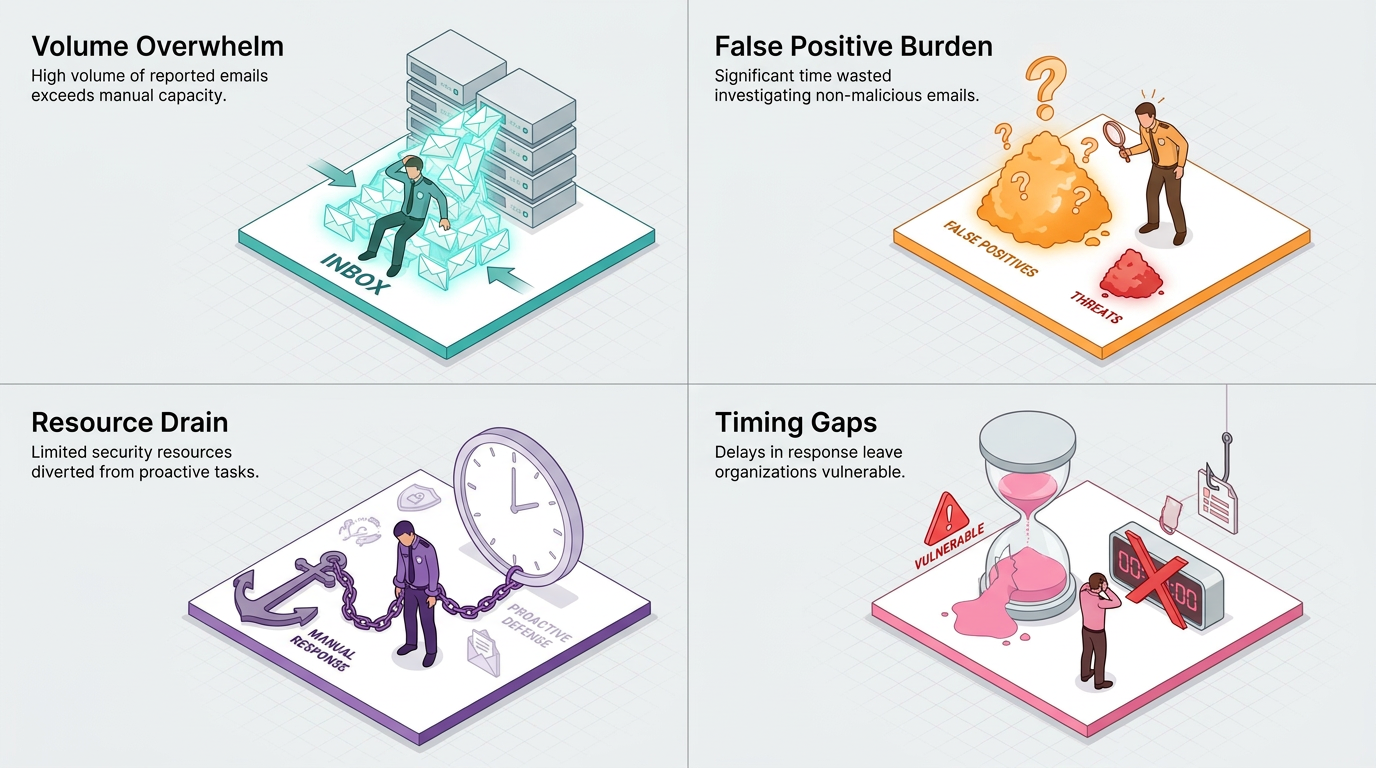 Four labeled panels illustrate SOC pain points—overwhelming inbox volume, false positives outweighing real threats, chained analysts diverted from proactive defense, and hourglass timing gaps leaving organizations vulnerable to phishing