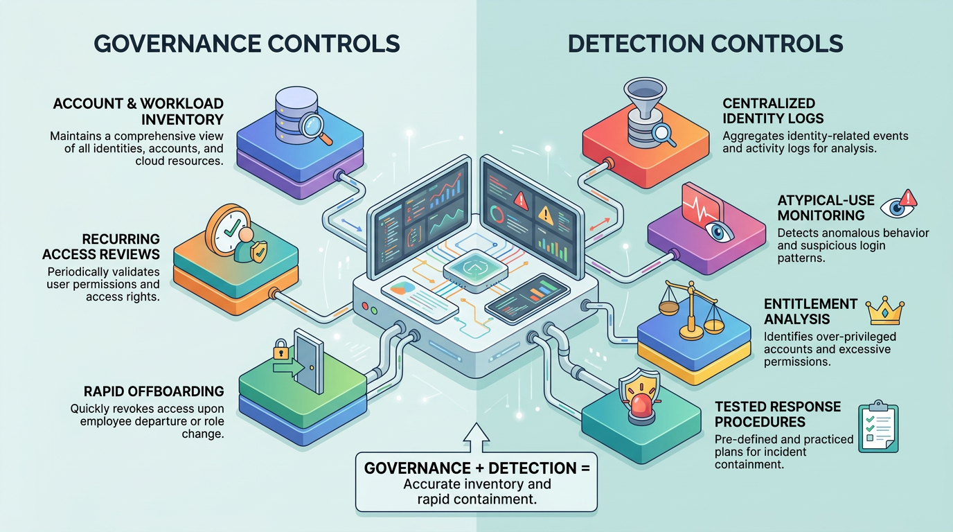 Two connected panels show governance controls—account and workload inventory, recurring access reviews, rapid offboarding—paired with detection controls—centralized identity logs, atypical-use monitoring, entitlement analysis, tested