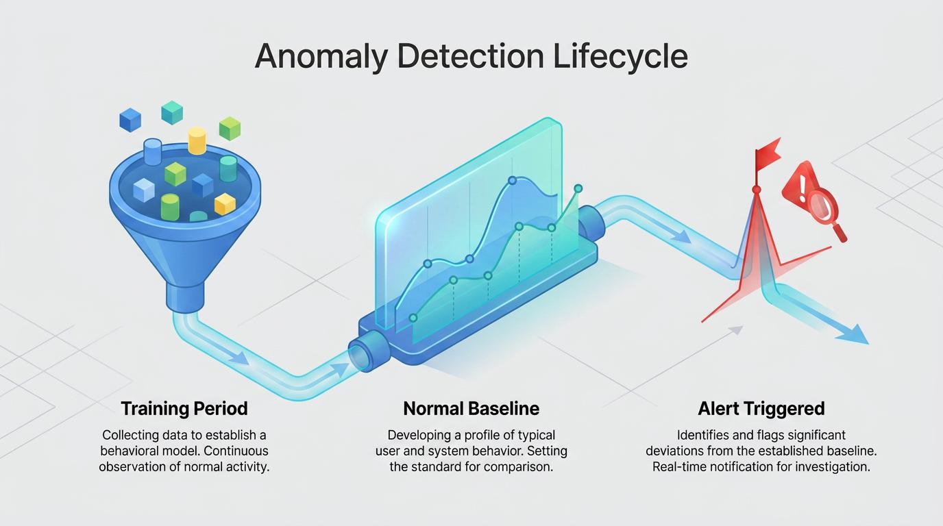 Visual shows a flowchart comparing anomaly-based and signature-based detection approaches in cybersecurity, highlighting how anomaly detection identifies unknown attacks via behavioral deviation, complementing signature-based detection’s