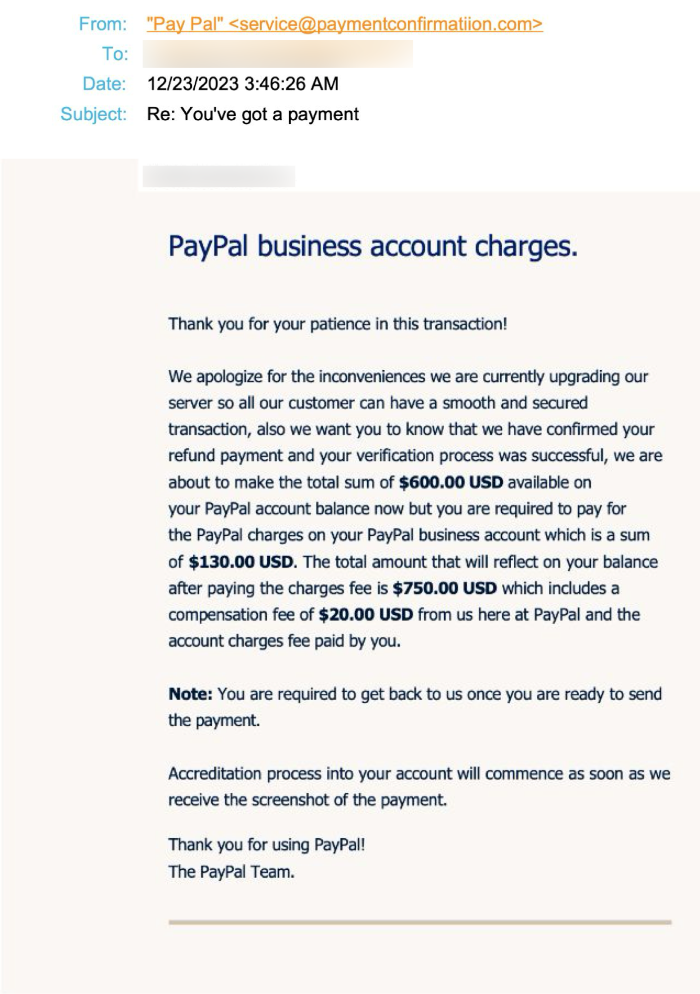 AL Pay Pal Business Account Refund Email E