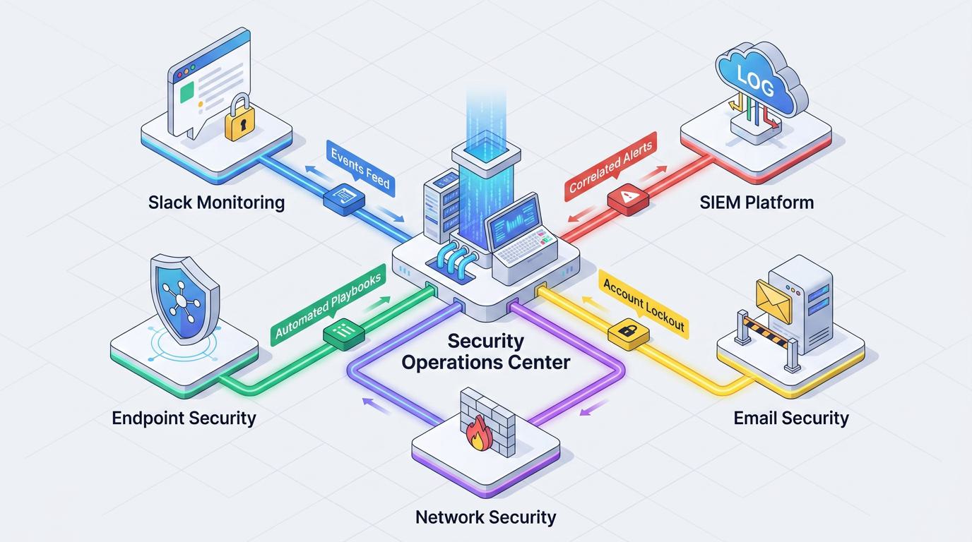 Six connected panels around a central Security Operations Center hub show Slack Monitoring, SIEM Platform, Email Security, Network Security, Endpoint Security, and Automated Playbooks exchanging events feeds, correlated alerts, and account