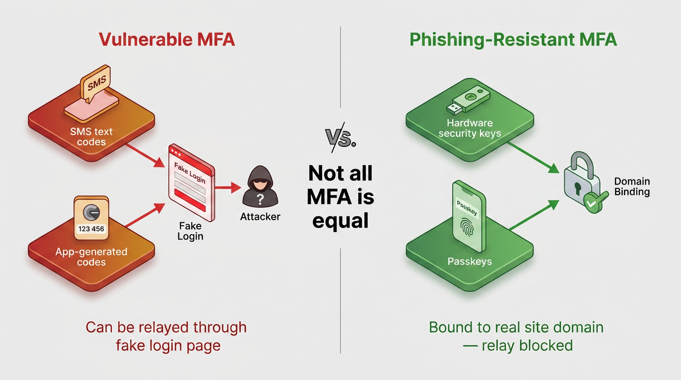 Side-by-side comparison contrasts vulnerable MFA—SMS codes and app-generated codes relayed through a fake login page to an attacker—with phishing-resistant MFA, where hardware security keys and passkeys bind logins to the real site's