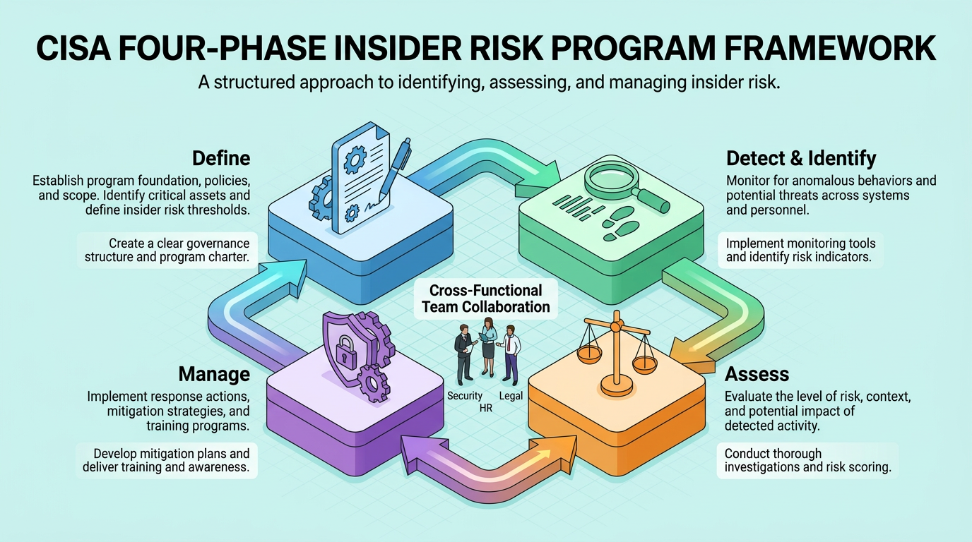 Four connected 3D icon blocks illustrate CISA's insider risk framework phases, Define, Detect and Identify, Assess, and Manage, linked by arrows with cross-functional Security, HR, and Legal collaboration at center.