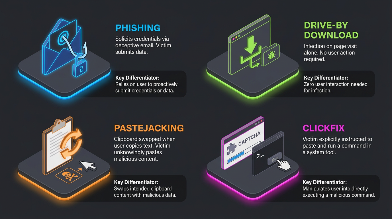 Four social-engineering vectors compared side by side: phishing's deceptive credential requests, drive-by downloads needing zero interaction, pastejacking's clipboard swaps, and ClickFix's trick of making victims paste and run malicious