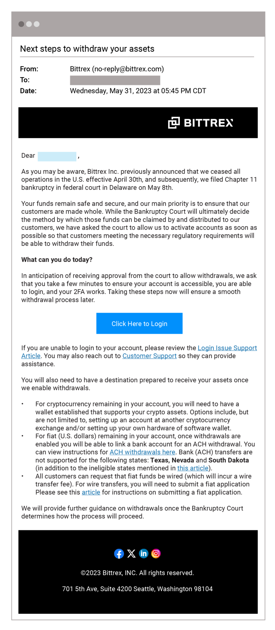 Bittrex Phishing Attack Email from Bittrex E