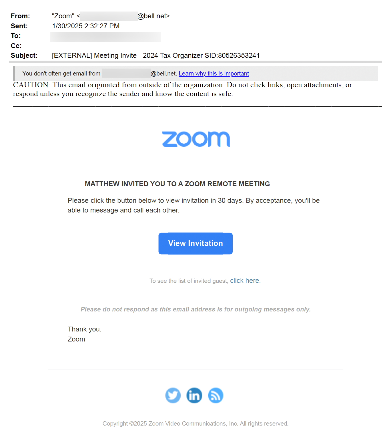 Zoom Impersonation Attack Email E