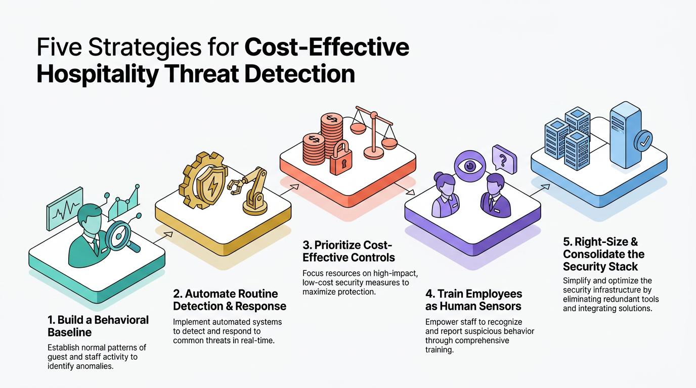 Colorful layered graphic depicts the top five practical strategies for cost-effective threat detection in hospitality, illustrating behavioral baselining, automation, cost-effective controls, staff training, and stack consolidation as key