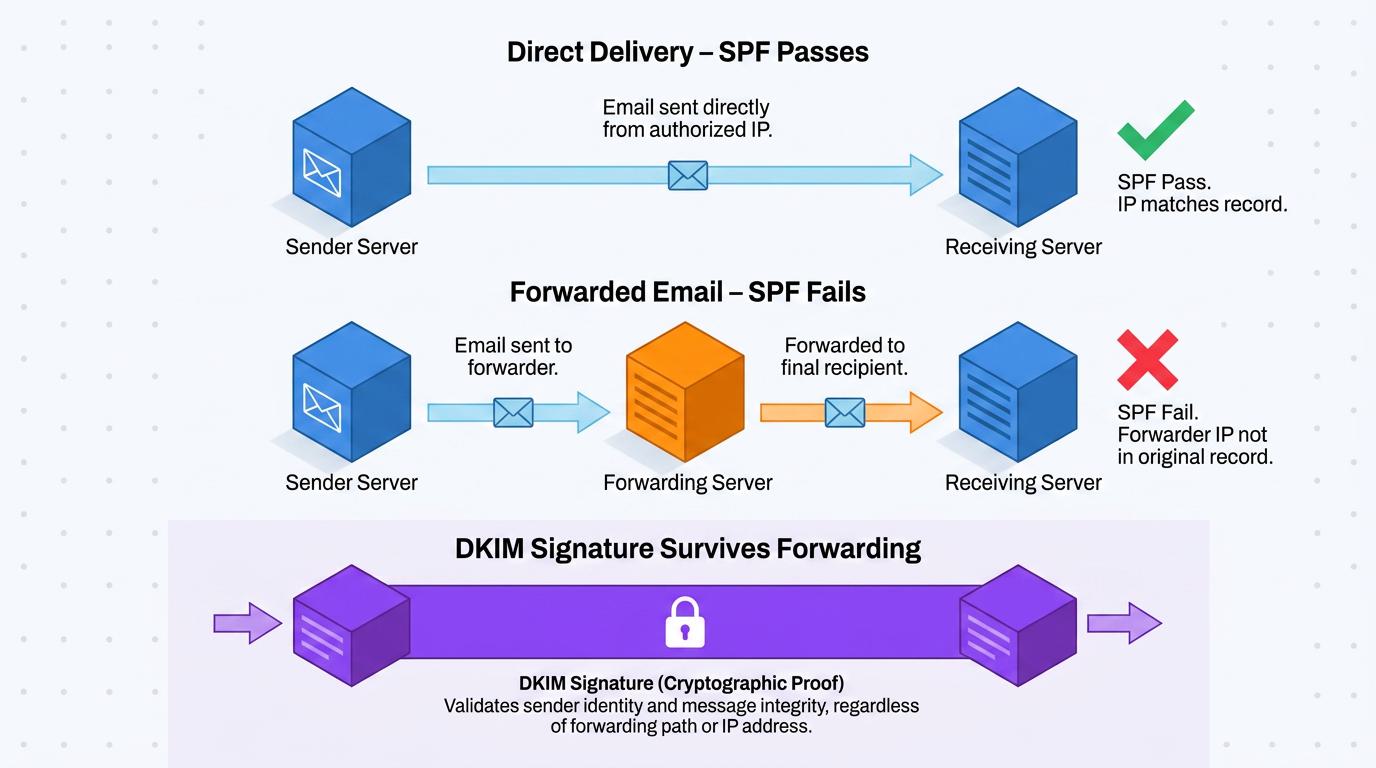 Diagram visually summarizes how SPF email authentication works: a message arrives, the receiving server checks the Return-Path domain's SPF record for authorized IPs, and passes or rejects mail based on policy qualifiers.